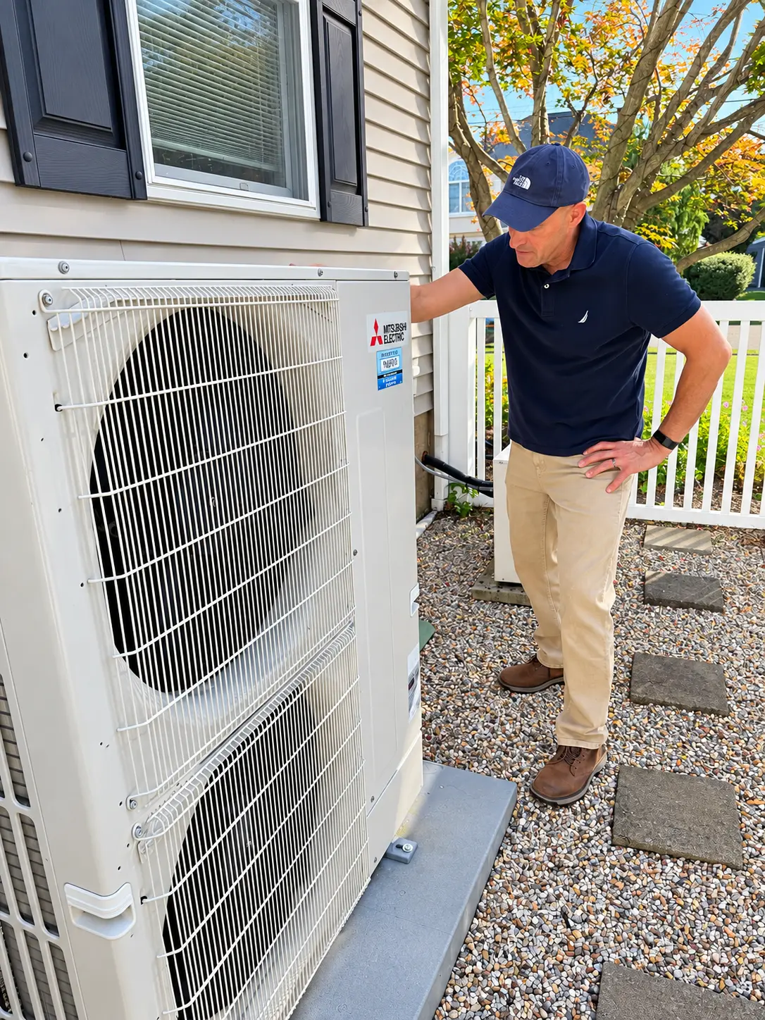 Robert visually checking an exterior HVAC heat pump