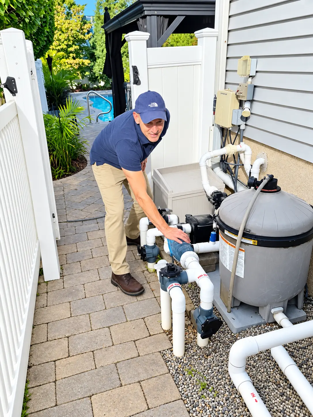 Robert checking visible pool plumbing and equipment